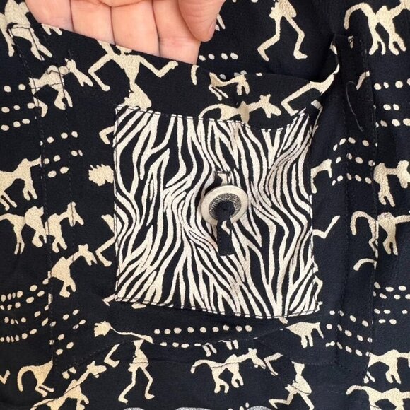 90s Vintage Chico's Black Cream Cave Art Zebra Print Silver Button Front Tunic - Picture 5 of 11